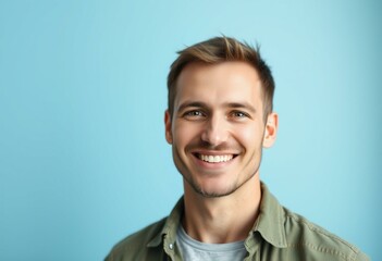 Fototapeta premium Portrait of a western male with friendly smile and casual outfit on light blue background