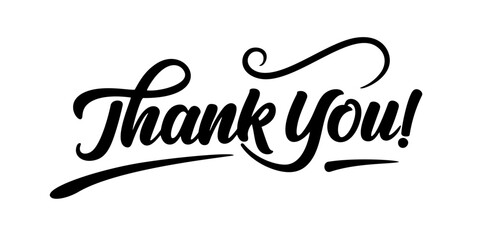 thank you lettering in black script font with elegant swirls on a white background, perfect for cards, business branding, marketing, and gratitude-themed designs