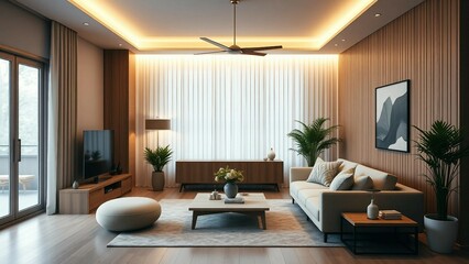 A modern living room enter with a light and smooth wooden package