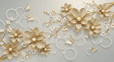 An intricate 3D illustration of beige and soft golden flowers with flowers are surrounded by delicate white blossoms, gold branches and flying butterflies