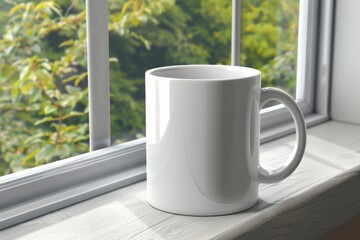 Obraz premium White Coffee Mug on Window Sill with Green Nature Background
