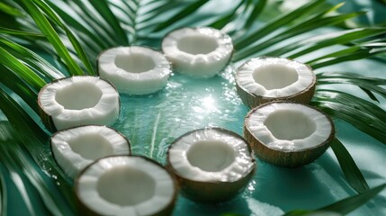 Halved coconuts with white flesh and brown shells arranged next to a whole coconut