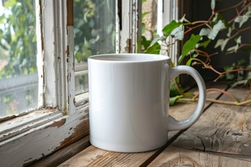 White Ceramic Coffee Mug on Wooden Table by Window with Greenery