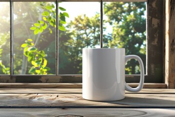 White Coffee Mug on Wooden Table by Sunny Window with Greenery