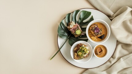 Gourmet food plating with tropical leaf garnish