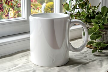 Plain White Coffee Mug on Table Near Window with Green Plants