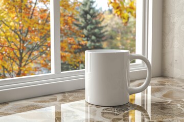Cozy Morning Coffee Cup by Window with Autumn Leaves Outside