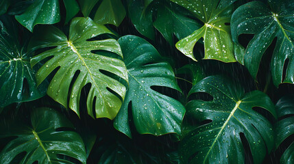 Fototapeta premium Lush tropical foliage soaked cinematic view in raindrops during a refreshing jungle downpour.