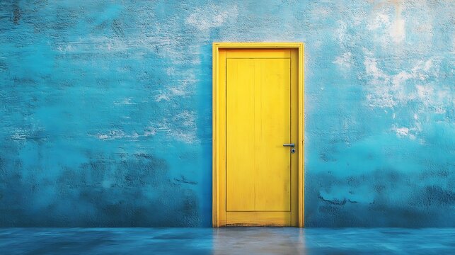 yellow door on blue wall