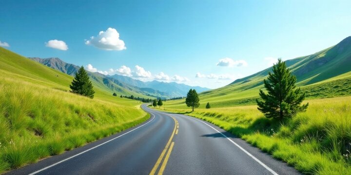 Asphalt ribbon unwinding through verdant valleys, a scenic drive amidst rolling hills and a vibrant, sun-kissed landscape under a clear sky