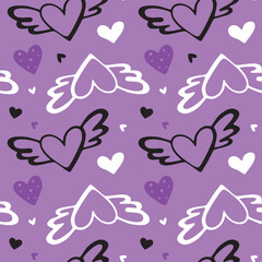 Seamless pattern with hand drawn cute  hearts on purple background. Vector illustration. Heart shaped vector illustration set. Mothers day, greeting card, wallpaper or gift wrapping design
