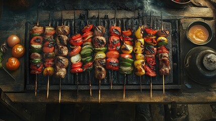 A plate of grilled meat and vegetable skewers
