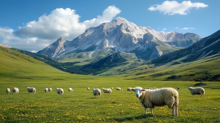 Fototapeta premium Sheep grazing peacefully in a vibrant meadow against a majestic mountain backdrop under clear blue skies with scattered clouds