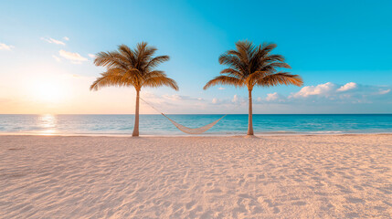 A view of a serene tropical beach with a single hammock between two palm trees, golden hour lighting. Copy space.