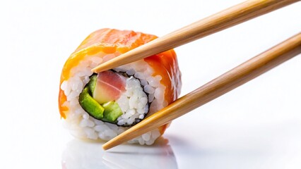 Delicious Sushi Piece Held by Chopsticks, Isolated on White Background