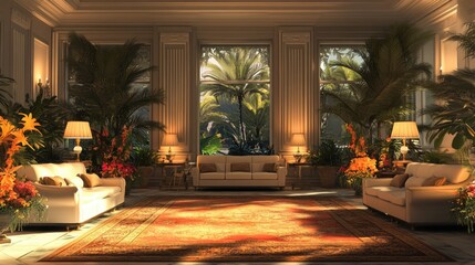 Luxurious hotel lobby with ornate wooden ceilings