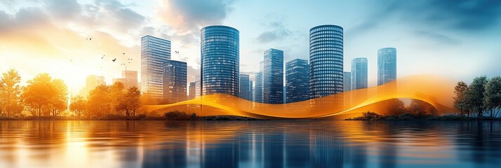 Vibrant city skyline with reflections at sunset showcasing unique advertising design