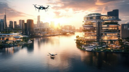 Fototapeta premium Futuristic cityscape at sunset featuring modern