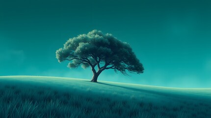 Fototapeta premium Lone Tree Serene Landscape Teal Sky Grassy Field