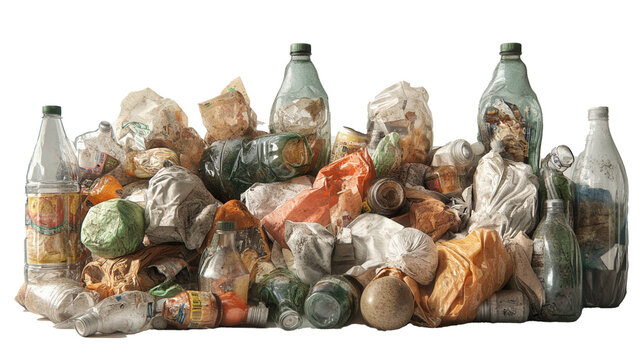 Transparent Garbage Bags Filled with Waste, Isolated on White Background for Environmental Projects
