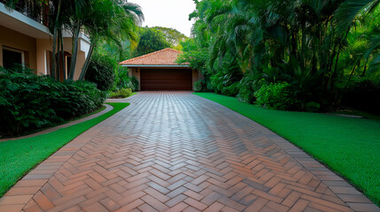 Fototapeta premium Charming tropical home amidst lush greenery and brick pathway.