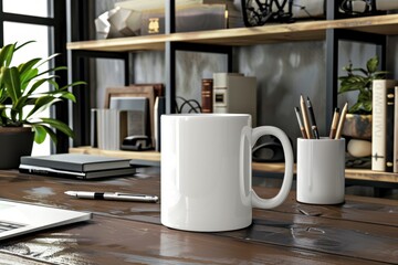 Minimalist Workspace with White Coffee Mug on Wooden Table