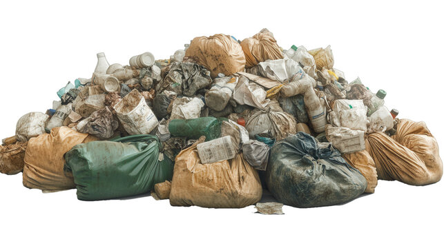 Transparent Garbage Bags Filled with Waste, Isolated on White Background for Environmental Projects