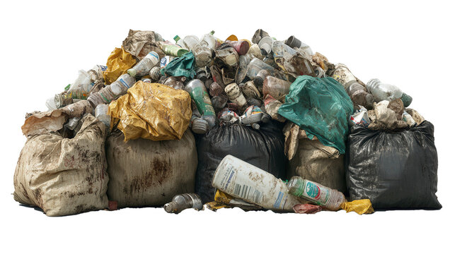 Transparent Garbage Bags Filled with Waste, Isolated on White Background for Environmental Projects