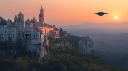 Obraz premium Mystical Monastery Shrouded in Otherworldly Presence:A UFO Hovers Over Majestic Mountain Scenery