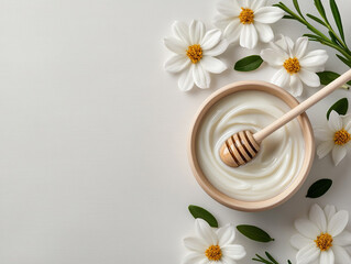 Yogurt with honey and flowers on light backdrop