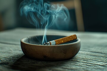 Smoky Reflection: A Close-Up View of a Cigarette Resting in a Simple Wooden Ashtray Surrounded by Wisps of Smoke in a Cozy Environment