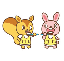 歯磨きをするリスとウサギのイラスト