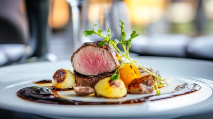 A plate of gourmet food with elegant presentation, symbolizing culinary arts and modern dining, Dining scene