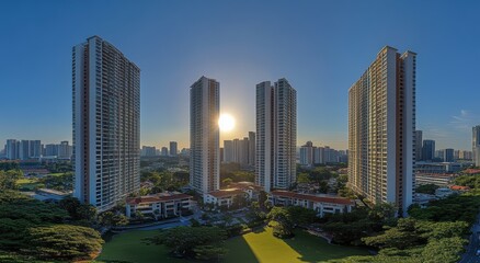 Fototapeta premium Captivating urban sunset over modern high-rise buildings illuminating the skyline with a golden hue, showcasing vibrant architecture and beautiful greenery in a bustling city.