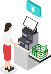 スーパーでセルフレジを使う女性のアイソメトリックイラスト