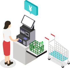 スーパーでセルフレジを使う女性のアイソメトリックイラスト