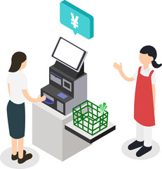 スーパーでセルフレジを使う女性と案内する店員のアイソメトリックイラスト