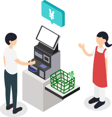 スーパーでセルフレジを使う男性と案内する店員のアイソメトリックイラスト