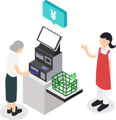 スーパーでセルフレジを使う高齢女性と案内する店員のアイソメトリックイラスト