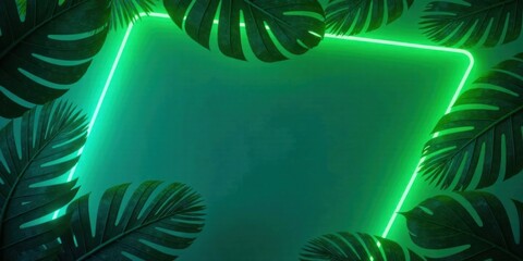 Luminous Green Neon Frame Encircled by Lush Tropical Foliage, Ideal for a Vibrant and Evocative Design