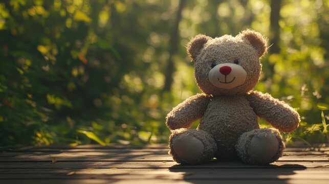 A plush teddy bear with a brown body, dark nose