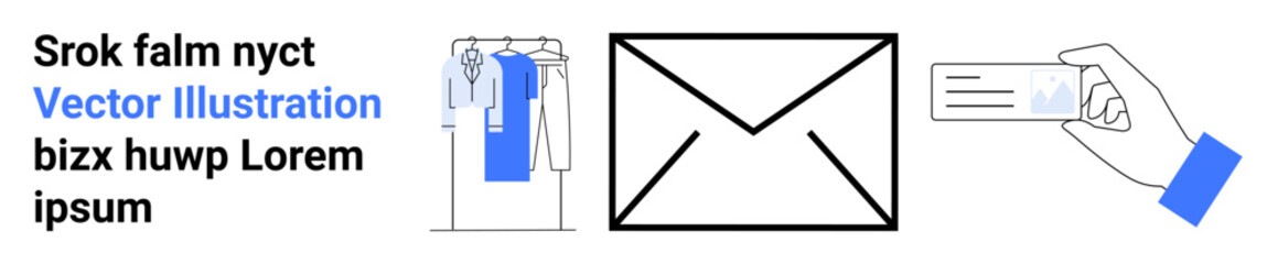 Clothing rack with shirts, large envelope, and hand holding a business card. Ideal for e-commerce, marketing, communication, branding, corporate identity customer service and retail. Landing page