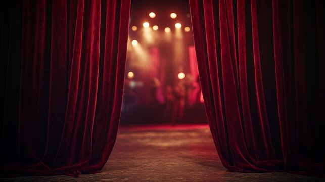 Red velvet curtains opening on blurred stage with musicians preparing