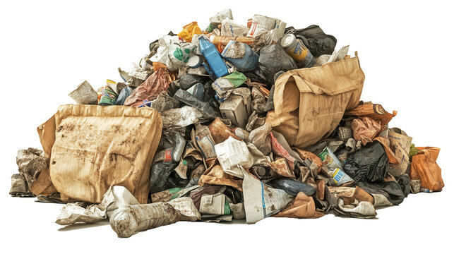 Transparent Garbage Bags Filled with Waste, Isolated on White Background for Environmental Projects