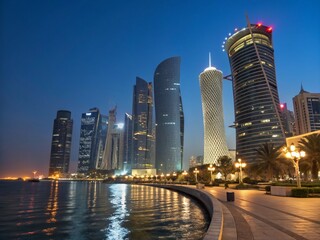 Obraz premium Doha Corniche Night Skyline: Panoramic View of Modern Illuminated Skyscrapers Reflecting in the Water