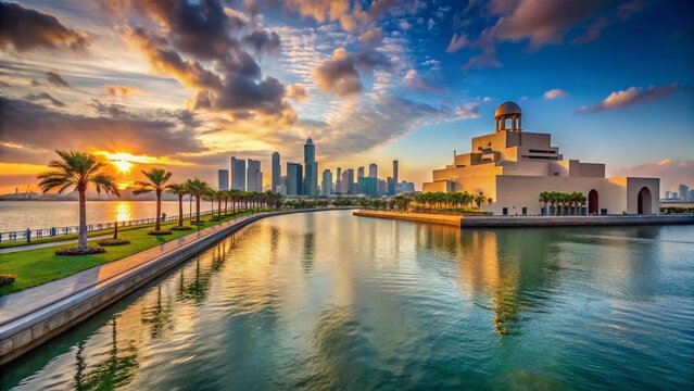 Doha Corniche Museum Islamic Art Landmark Qatar March 2018 Panoramic View