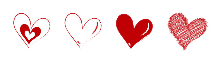 Set of red hearts, stylized hearts of different shapes on a white background. Hearts for Valentine's Day. Vector illustration. Love romance and wedding symbols