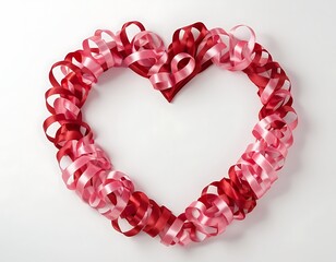 Obraz premium Saint valentines day frame design, Creative layout adorned by red and pink rose flowers and paper heart in heart shape on white background. Top view, flat lay concept