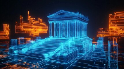 Obraz premium Futuristic wireframe greek temple emerging from digital circuitry