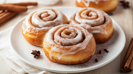 Fototapeta premium Homemade Cinnabon Buns with Cinnamon and Cream on a white plate on a wooden table and napkin